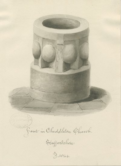Fontti Cheddleton Churchissa: seepiapiirros, 1844 tekijältä John Buckler