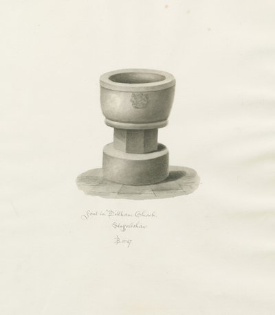 Fontti Dilhornen kirkossa: seepiapiirros, 1847 tekijältä John Buckler
