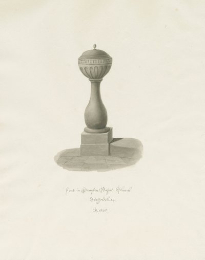 Fontti Drayton Bassett Churchissa: seepiapiirros, 1848 tekijältä John Buckler