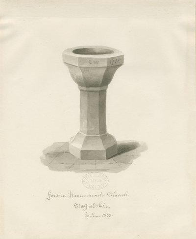 Fontti Hammerwich Churchissa: seepiapiirustus, kesäkuu 1843 (piirustus) tekijältä John Buckler