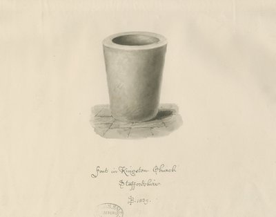 Fontti Kingstonen kirkossa: seepiapiirros, 1839 tekijältä John Buckler