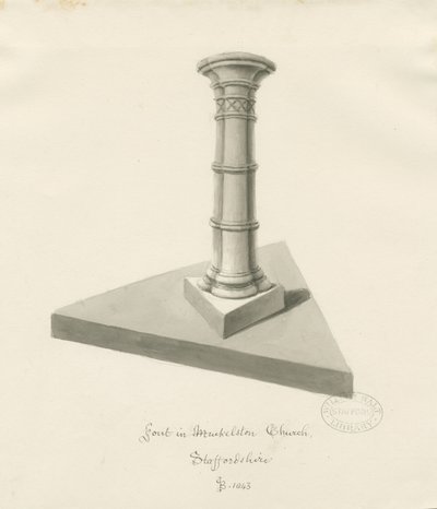 Fontti Mucklestonen kirkossa: seepiapesupiirros, 1843 tekijältä John Buckler