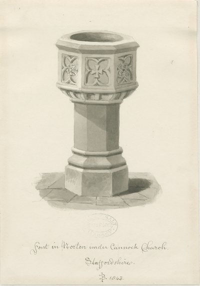 Fontti Norton Canes -kirkossa: seepiapesupiirros, 1843 tekijältä John Buckler