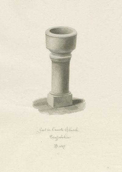 Fontti Onecoten kirkossa: seepiapiirros, 1847 tekijältä John Buckler