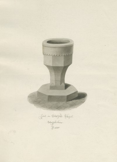 Fontti Statfold Chapelissa: seepiapiirros, 1848 tekijältä John Buckler