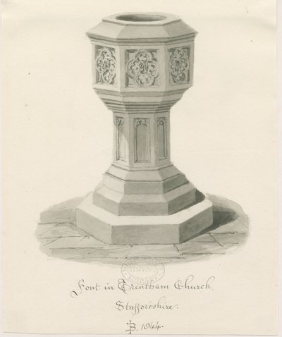 Fontti Trentham Churchissa: seepiapiirros, 1844 tekijältä John Buckler