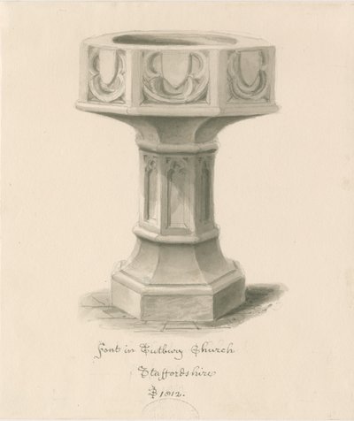 Fontti Tutbury Priory Churchissa: seepiapesupiirros tekijältä John Buckler