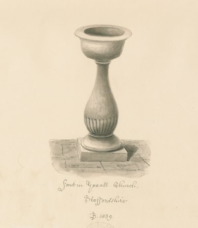 Fontti Yoxall-kirkossa: seepiapiirros, 1839 tekijältä John Buckler