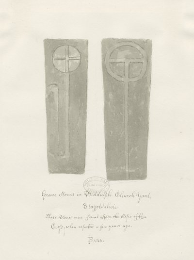 Hautakivet Biddulph Churchyardissa: seepiapiirros tekijältä John Buckler
