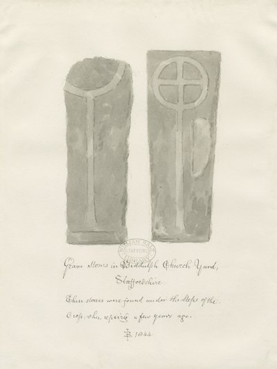 Hautakivet Biddulph Churchyardissa: seepiapiirros tekijältä John Buckler