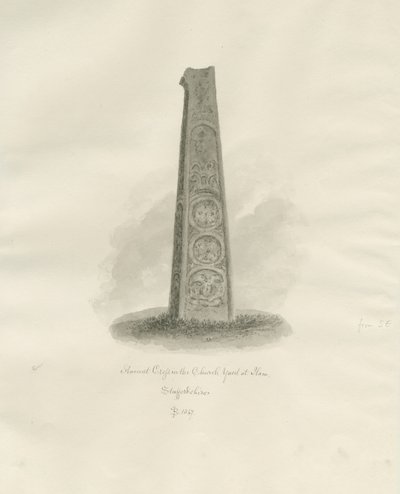 Ilam Church - Muinainen risti: seepiapiirustus, 1847 tekijältä John Buckler
