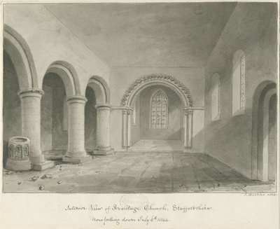 Armitagen kirkon sisustus: seepiapiirros, 6. heinäkuuta 1844 tekijältä John Buckler