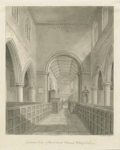 Eccleshallin kirkon sisustus: seepiapiirustus, 1842 tekijältä John Buckler