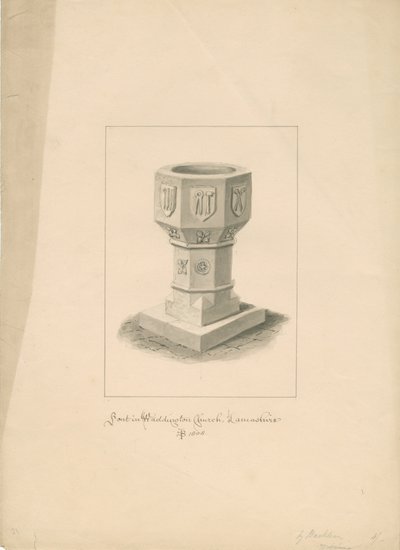 Lancashire - Waddingtonin kirkko - Fontti: seepiapiirros, 1808 tekijältä John Buckler