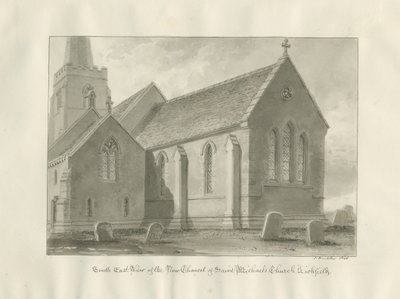Lichfield - Pyhän Mikaelin kirkon kanttori: seepiapiirros. tekijältä John Buckler