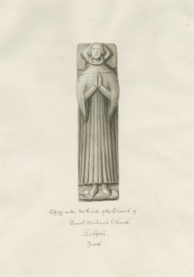 Lichfield - Effigy Pyhän Mikaelin kirkon kansliassa: seepiapiirros tekijältä John Buckler