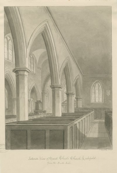 Lichfield - St. Chadin kirkon sisustus: seepiapiirros tekijältä John Buckler