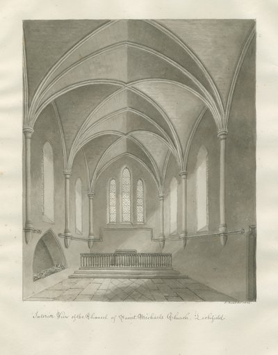 Lichfield - Pyhän Mikaelin kirkon sisustus: seepiapiirustus tekijältä John Buckler
