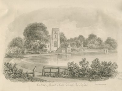 Lichfield - St. Chadin kirkko: seepiapiirros tekijältä John Buckler