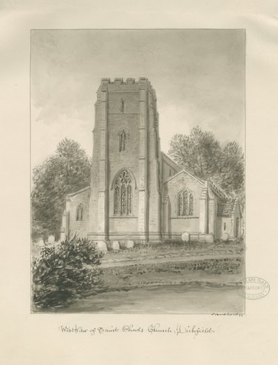 Lichfield - St. Chadin kirkko: seepiapiirros tekijältä John Buckler