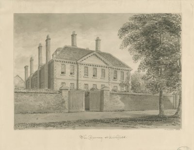 Lichfield - The Deanery in The Close: seepiapiirustus, 1838 tekijältä John Buckler
