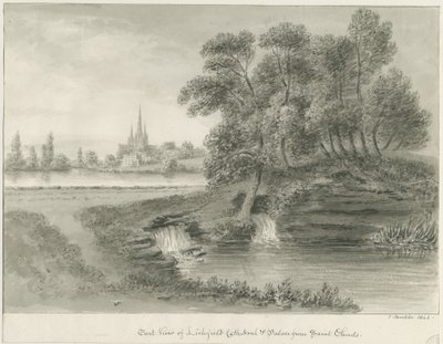 Lichfieldin katedraali - East View: seepiapiirros, 1844 tekijältä John Buckler