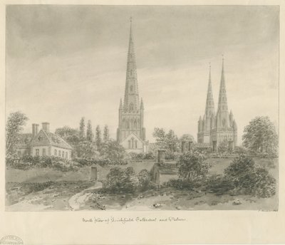 Lichfieldin katedraali - North View: seepiapiirros, 1838 tekijältä John Buckler