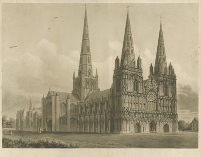 Lichfieldin katedraali – Luoteisnäkymä: akvatintakaiverrus, nd [1807] tekijältä John Buckler