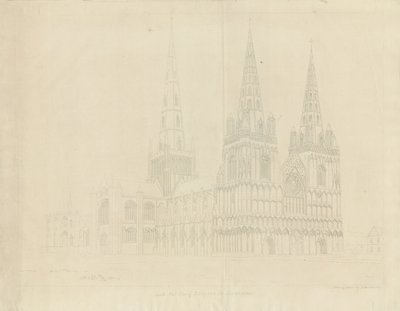 Lichfieldin katedraali - Luoteisnäkymä: etsaus, 1807 tekijältä John Buckler