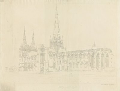 Lichfieldin katedraali - Kaakkoisnäkymä: ääriviivaetsaus, nd [1808] tekijältä John Buckler