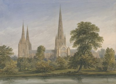 Lichfieldin katedraali – Kaakkoisnäkymä: akvarellimaalaus, nd [?1842] tekijältä John Buckler