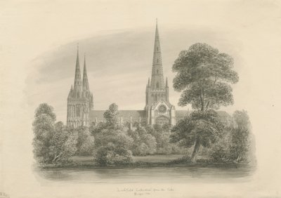 Lichfieldin katedraali - Etelänäkymä: seepiapiirros, 1841 tekijältä John Buckler