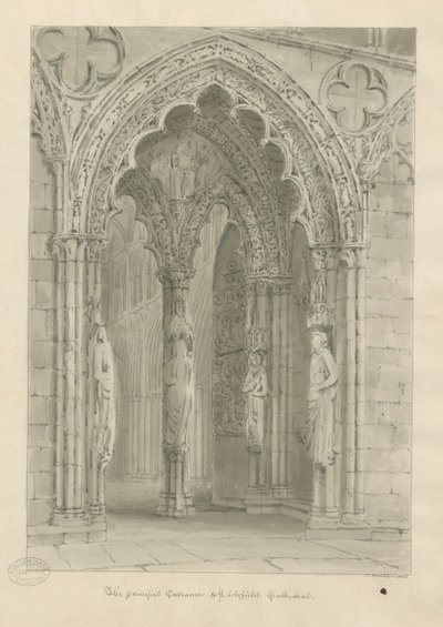 Lichfield Cathedral - West Doorway: seepiapiirros tekijältä John Buckler