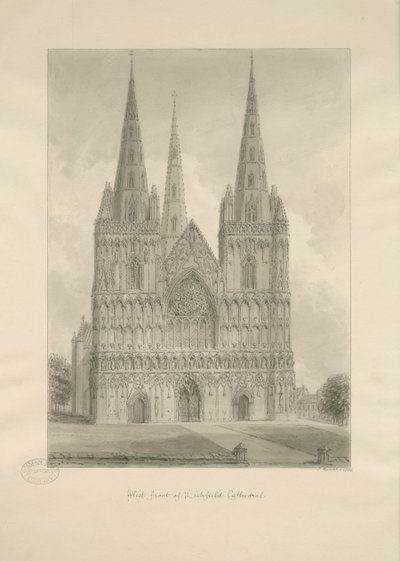 Lichfield Cathedral - West Front: seepiapiirros, 1806 tekijältä John Buckler