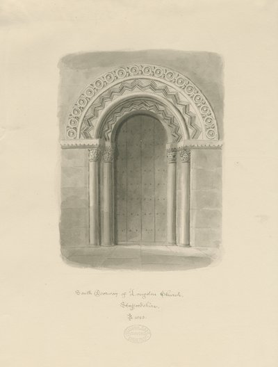 Longdonin kirkko - South Doorway: seepiapiirros tekijältä John Buckler