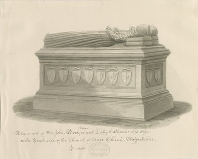 Maerin kirkko - Sir John Bowyerin ja Lady Catherinen muistomerkki: seepiapesupiirustus, 1843 tekijältä John Buckler