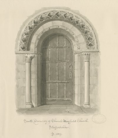 Mayfield Church - South Doorway: seepiapesupiirros, 1839 tekijältä John Buckler