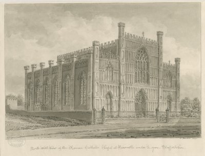 Newcastle-under-Lyme - roomalaiskatolinen kappeli: seepiapesupiirustus, 1840 tekijältä John Buckler