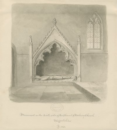 Norburyn kirkko - Ralph le Botelerin muistomerkki: seepiapesupiirustus, 1843 tekijältä John Buckler