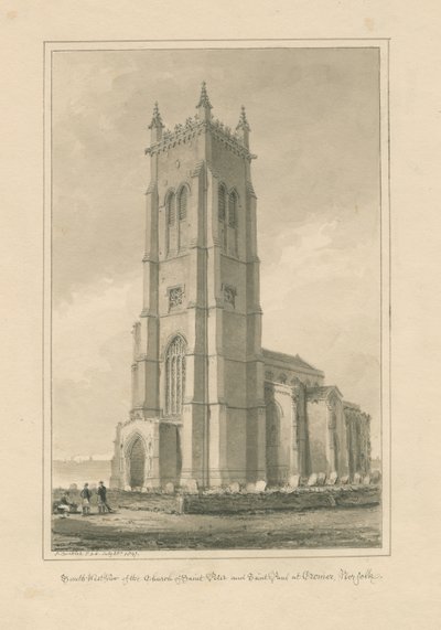 Norfolk - Cromer - Pietarin ja Paavalin kirkko: seepiapiirros, 1847 tekijältä John Buckler