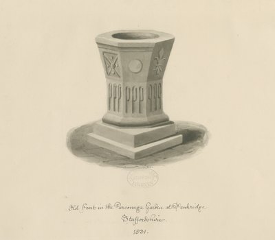 Penkridge - Font in Parsonage Garden: seepiapiirros tekijältä John Buckler