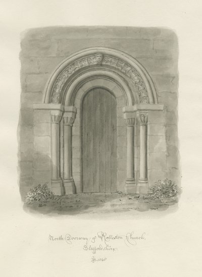 Rollestonin kirkko - North Doorway: seepiapiirros tekijältä John Buckler