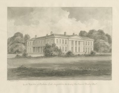 Rolleston Hall: seepiapiirustus tekijältä John Buckler