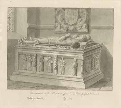 Seighford Church - William ja Mercy Bowyerin hauta: seepiapesupiirros, 1842 tekijältä John Buckler