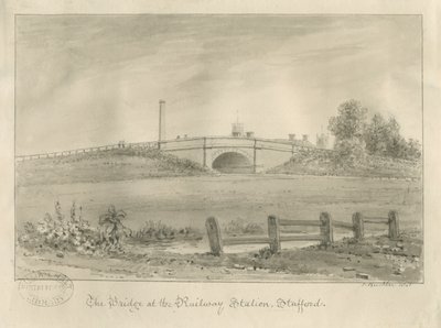 Stafford - Bridge at Railway Station: seepiapiirros, 1841 tekijältä John Buckler