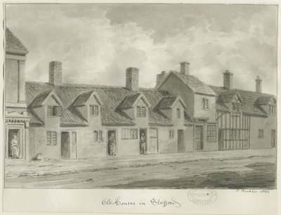 Stafford - Old Houses [Eastgate Streetillä]: seepiapiirros, 1844 tekijältä John Buckler