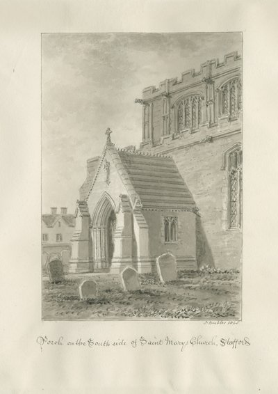 Stafford - Pyhän Marian kirkon kuisti: seepiapiirros, 1845 tekijältä John Buckler