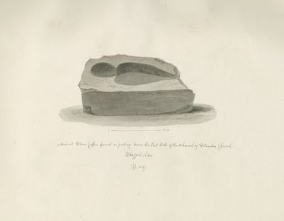 Standonin kirkko: Muinainen kiviarkku: seepiapiirros, 1847 tekijältä John Buckler