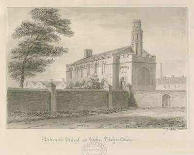Stoke-upon-Trent - Kansalliskoulu: seepiapiirustus, 1840 tekijältä John Buckler