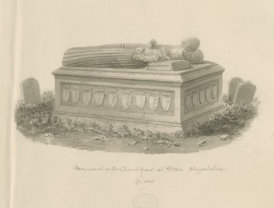 Kivikirkko - [William Cromptonin hauta]: seepiapiirros tekijältä John Buckler